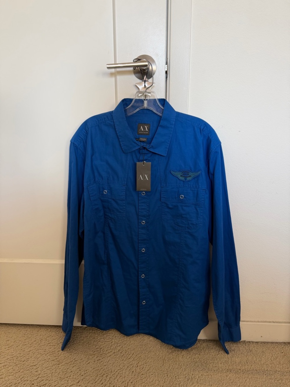 Armani Exchange Men's Royal Blue Long Sleeve Button-Down Shirt